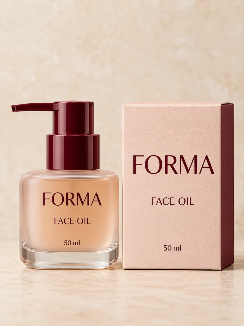 Frosted rounded-square face oil bottle with prominent burgundy dispensing pump and redesigned carton