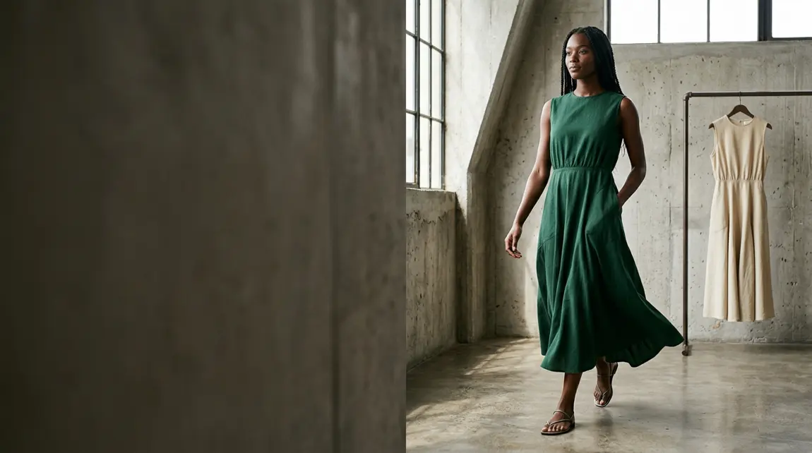 Emerald dress in a fashion studio