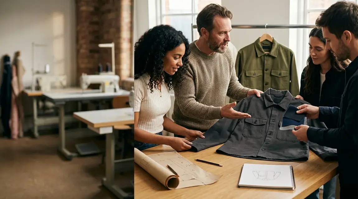Fashion designers developing an overshirt together