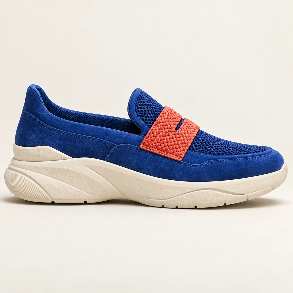 Customer concept: cobalt and coral slip-on sneaker with a sculpted sole